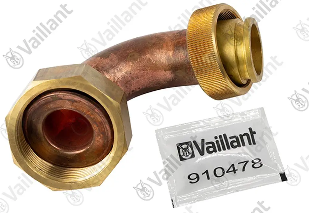 Vaillant Rohr mit 90-Grad-Biegung, aus Kupfer und Messing, mit Befestigungsankern. Verpackt in einem transparenten Beutel.